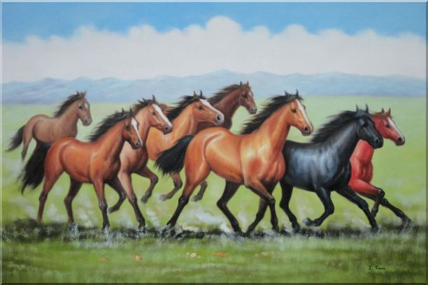612x408 Eight Joyful Running Horses In The Wild Green Meadow Oil Painting - Running Horse Painting