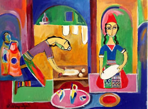 300x220 Original Folk Art Painting Lavash 2 Women Baking Bread Russian - Russian Folk Art Painting