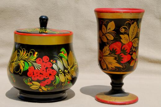 518x345 80s Vintage Russian Folk Art Hand Painted Khoklhoma Wooden Ware - Russian Folk Art Painting