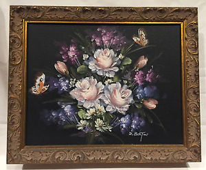 300x249 Vintage Oil Painting Of Flowers On Black Background By D. Barton - S Barton Oil Painting