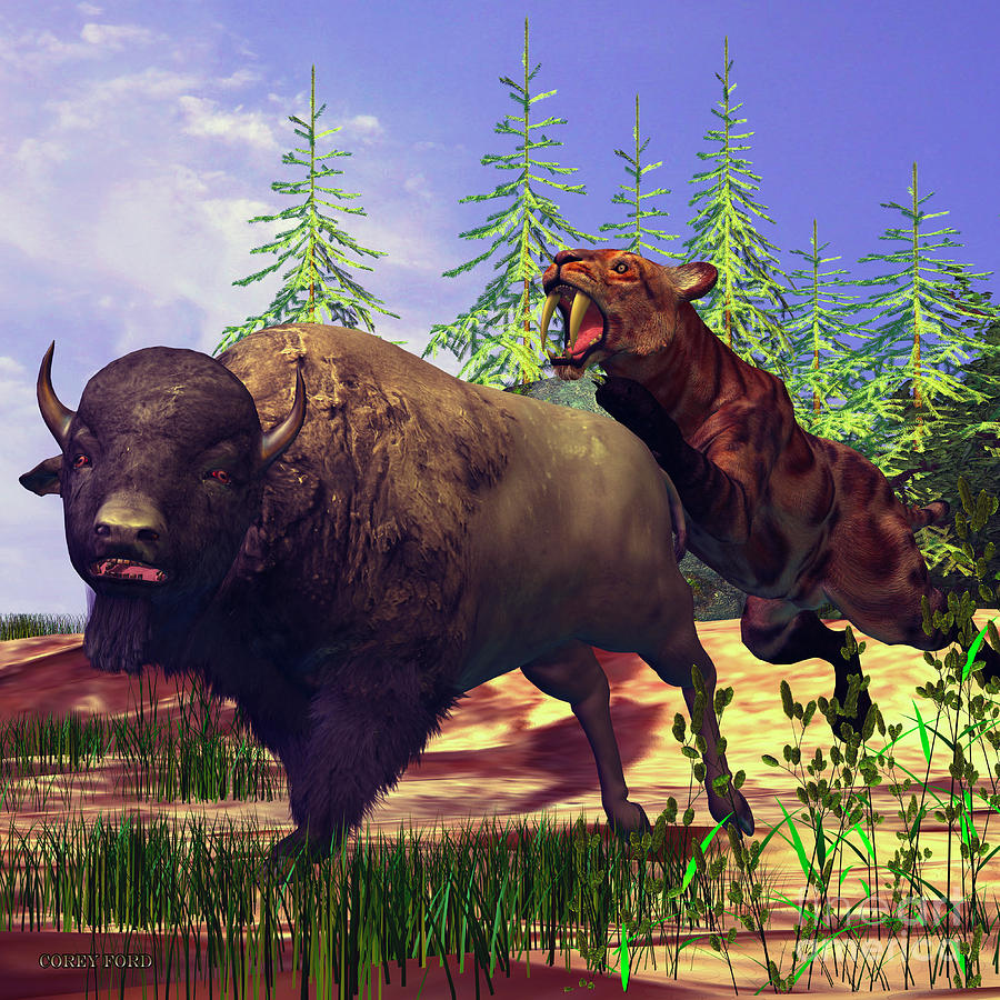 900x900 Saber Tooth Tiger Painting By Corey Ford - Saber Tooth Tiger Painting