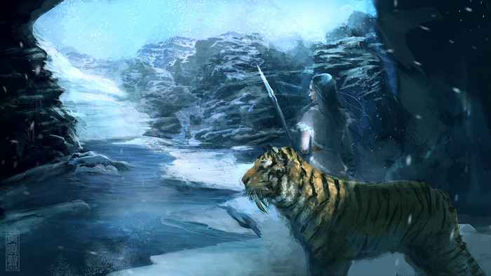 700x394 Digital Painting Tutorial Saber Tooth Cat And Woman - Saber Tooth Tiger Painting