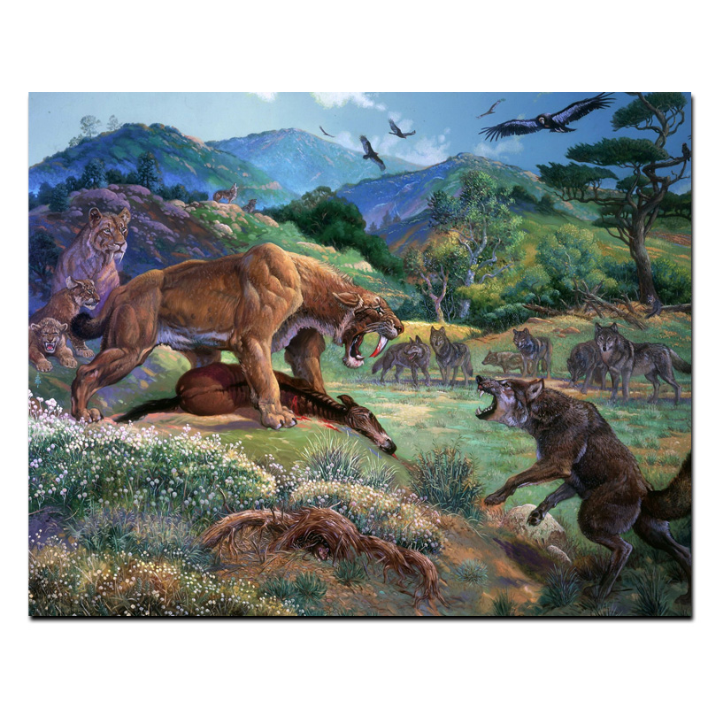 800x800 Print Saber Tooth Tiger With Wolf Eagle Oil Painting On Canvas - Saber Tooth Tiger Painting