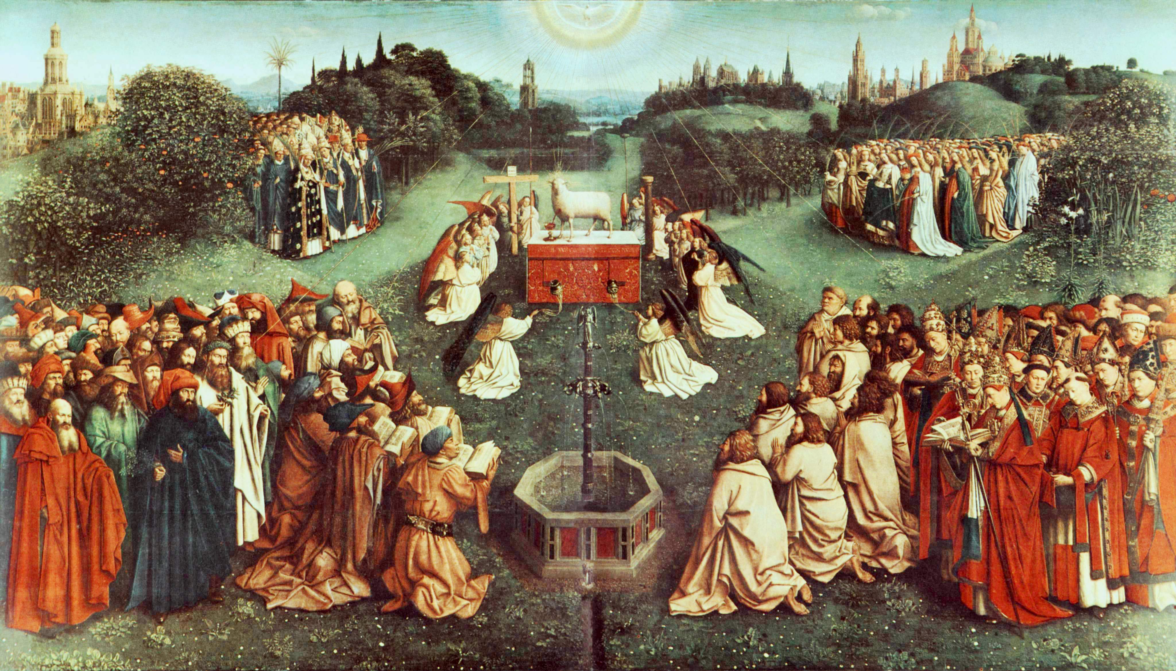4096x2339 The Adoration Of The Lamb, The Ghent Altarpiece, Part Iii By - Sacrificial Lamb Painting