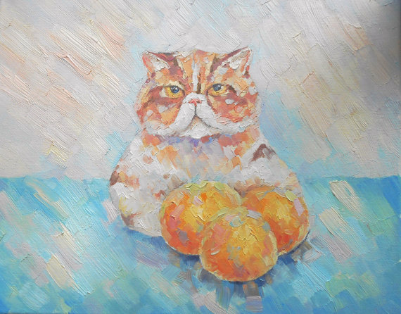570x446 Sad Fat Grumpy Cat Peach Pastel Oil Painting Nursery Interior - Sad Cat Painting
