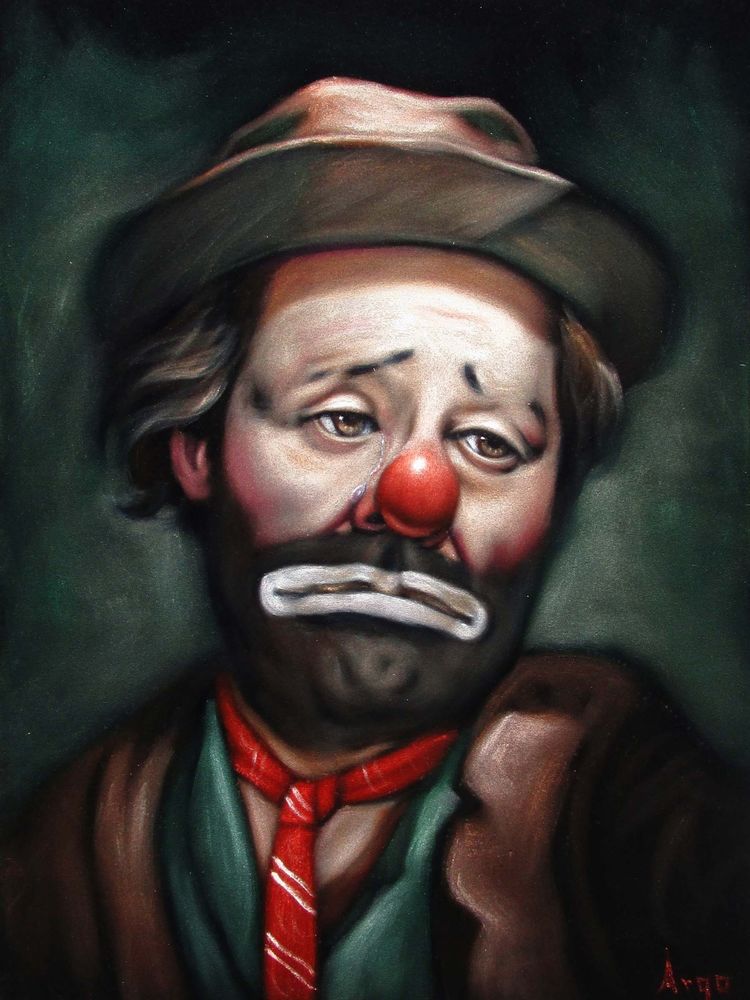 750x1000 Emmett Kelly Hobo Clown Face Portrait Art Black Velvet Oil Sad - Sad Clown Face Painting