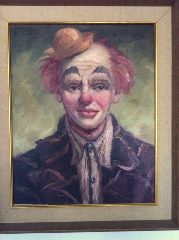 570x763 Vintage Clown Painting, Oil On Canvas, Wooden Frame With Matting - Sad Clown Painting Artist