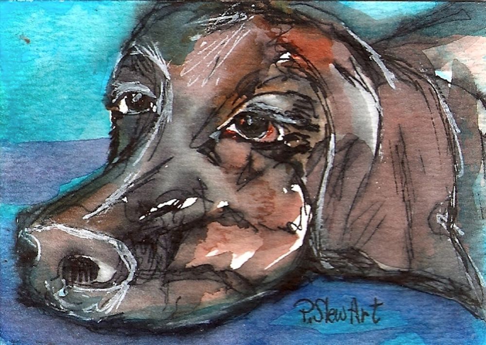 1000x710 Weimaraner Sad Dog Pet Portrait Watercolor Nfac May Aceo Painting - Sad Dog Painting