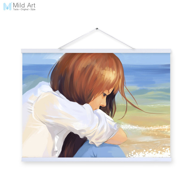 640x640 Sad Girl Blue White Modern Cartoon A4 Poster Prints Sea Beach - Sad Girl Painting
