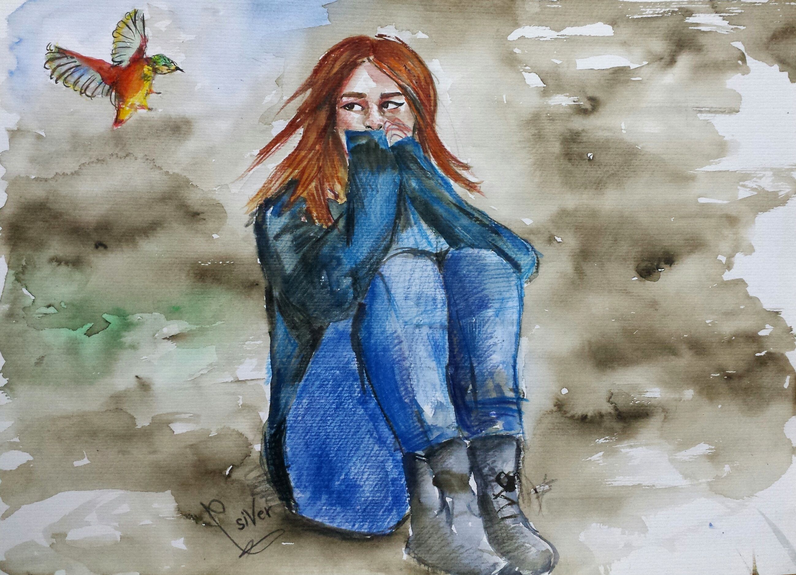 2596x1877 Sad Girl Painting By Siver Serwer Art Work (Painting, Drawing - Sad Girl Painting