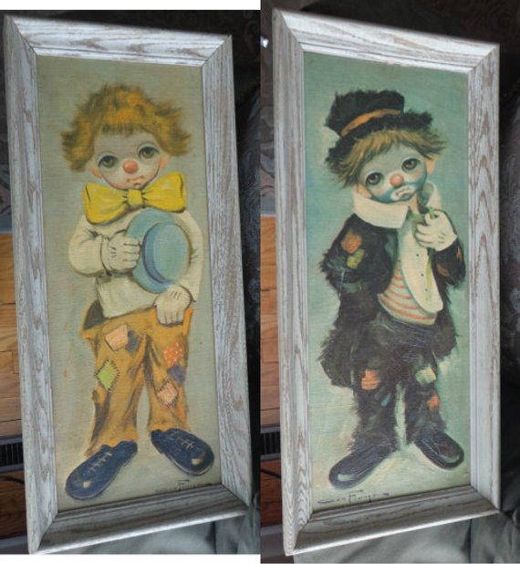 570x618 Set Of 2 Ozz Franca Clown Paintings Sad Big Eye Hobo - Sad Hobo Clown Painting