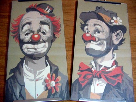 570x427 Vintage 1950's Hobo Clown Paintings Set Of 2 Clown - Sad Hobo Clown Painting