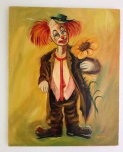 242x300 Vintage Clown Oil Painting Signed Campo, Happy W Flower Kitschy - Sad Hobo Clown Painting