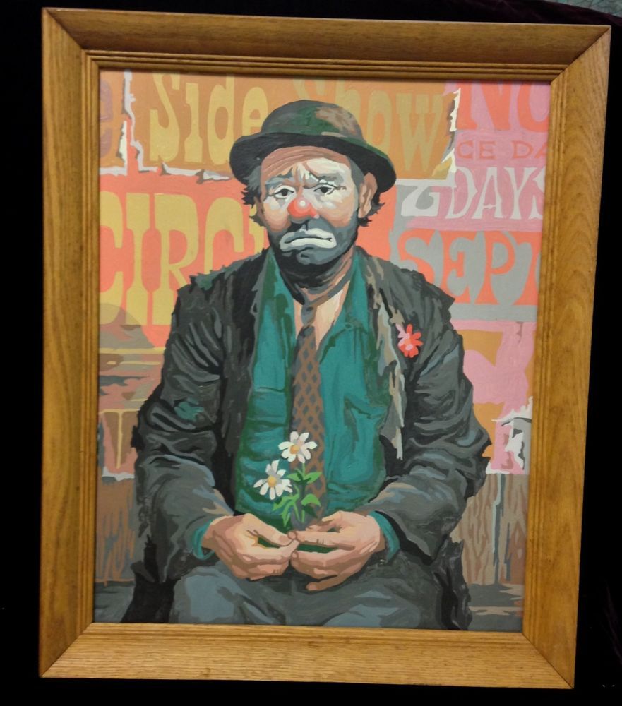 881x1000 Vintage Emmett Kelly Framed Paint By Number Sad Hobo Clown Pbn - Sad Hobo Clown Painting