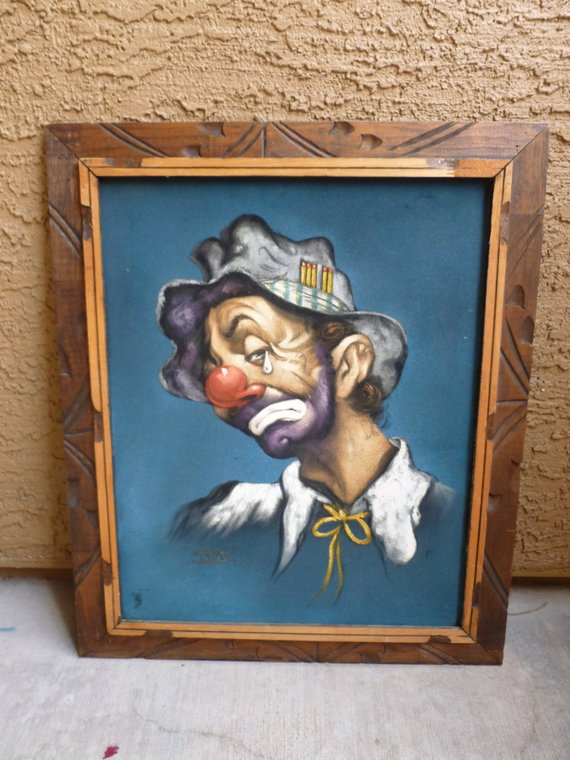 570x760 Vintage Emmett Kelly Hobo Clown Painting On Black Velvet - Sad Hobo Clown Painting