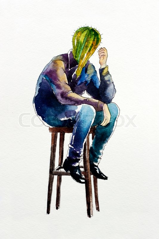 533x800 Lonely Cactus Man Sad Character Concept Watercolor Illustration - Sad Man Painting