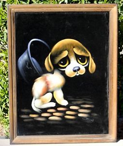 254x300 Vintage Kitsch Sad Puppy Black Velvet Painting Signed Ebay - Sad Puppy Painting