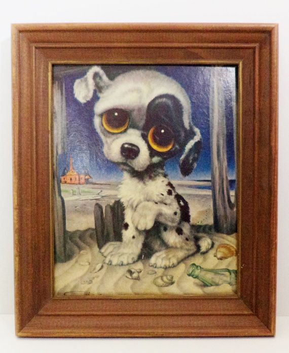 570x696 Vintage Pity Puppy Big Eyed Dog On Beach By Gig - Sad Puppy Painting