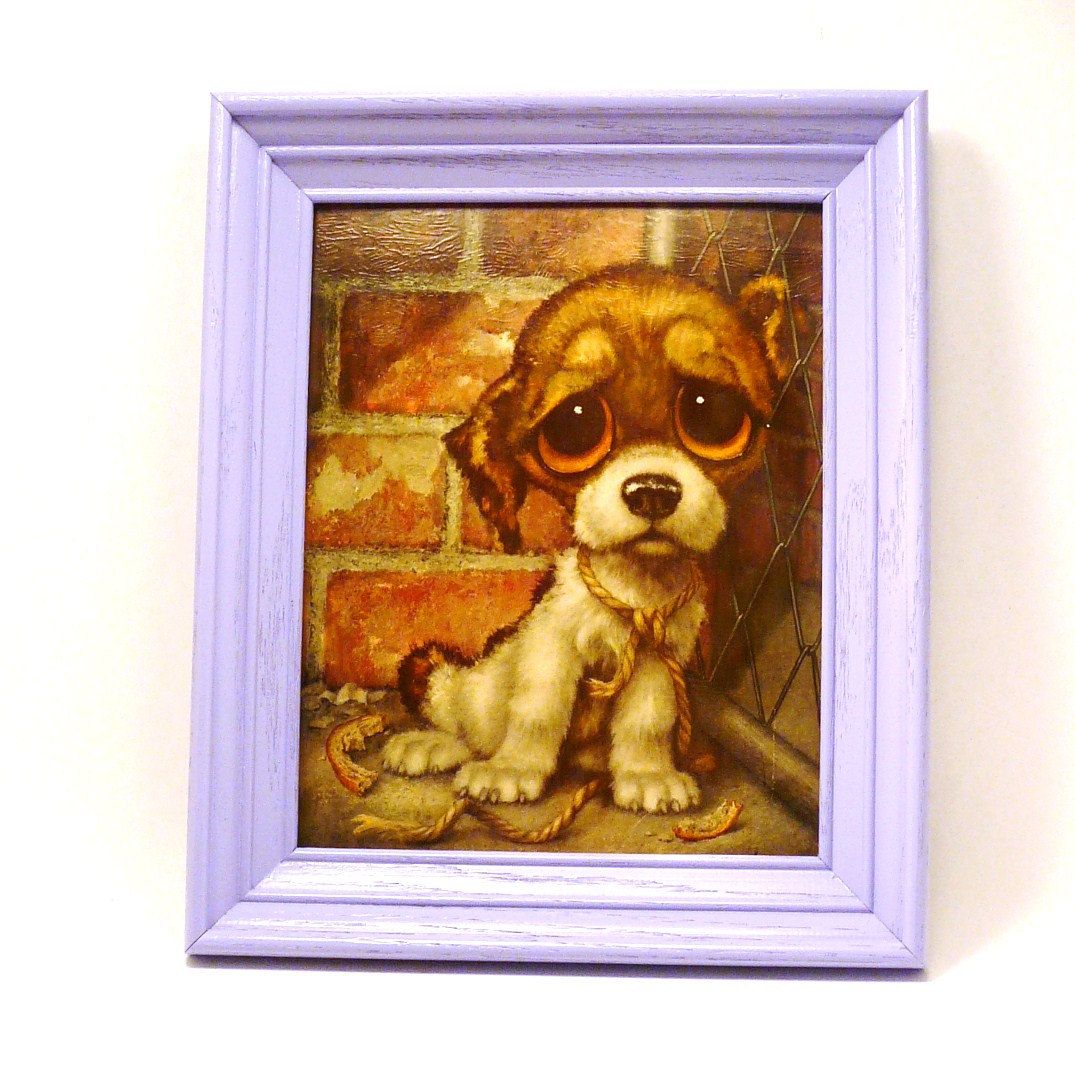 1075x1076 Sad Puppy Kitschy Wall Art, Framed Print, Big Eyed, Big Eyes - Sad Puppy Painting