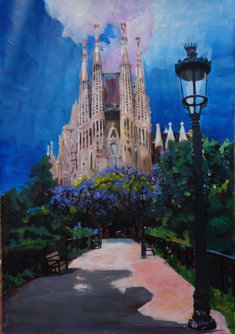 770x1093 Saatchi Art Barcelona Sagrada Familia With Park And Lantern - Sagrada Familia Painting
