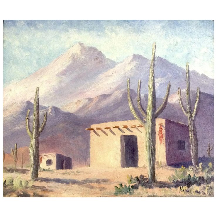 740x740 Haroh Cowan, Pueblo Homes By Saguaro Cactus Landscape Oil Painting - Saguaro Painting
