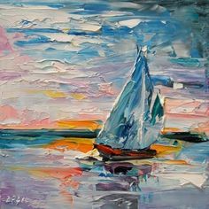 236x236 Late Sunset Sailboat Painting Lake Water Art By Texas Artist - Sailboat Oil Painting