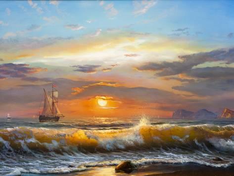 473x355 Oil Painting On Canvas , Sailboat Against A Background Of Sea - Sailboat Oil Painting