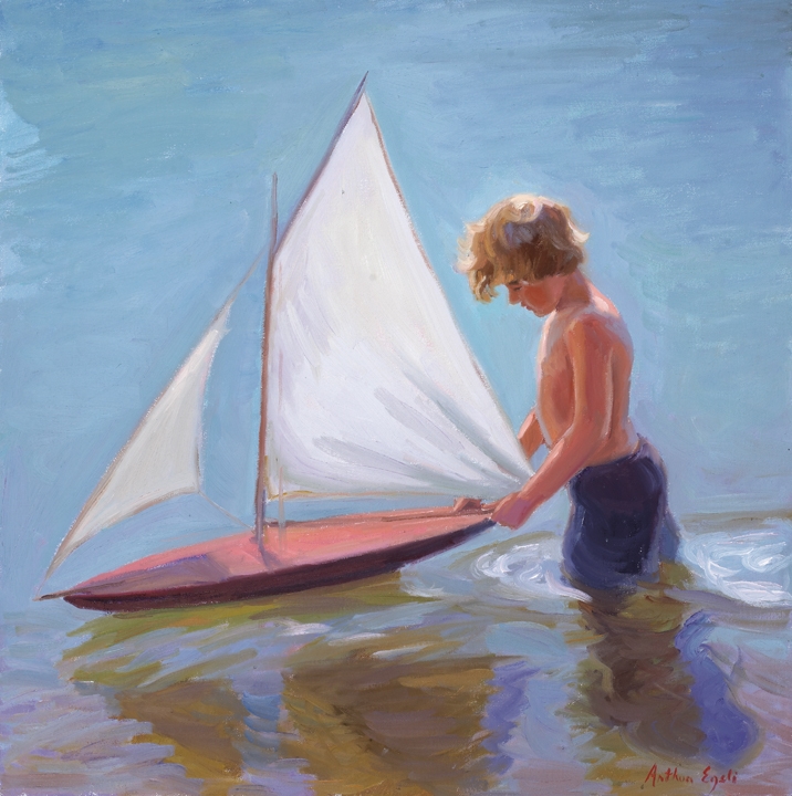 716x720 Sweetly Serene, This Impressionist Oil Painting Of A Boy And His - Sailboat Oil Painting