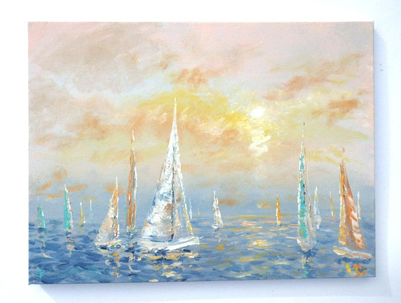 570x431 Large Sailboat Painting Pastel Toned Sunset Sunrise Ocean - Sailboat Painting