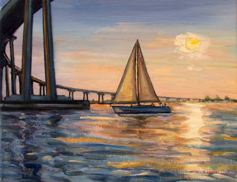 770x592 Saatchi Art Coronado Bridge With Sailboat Sunset Painting By - Sailboat Painting