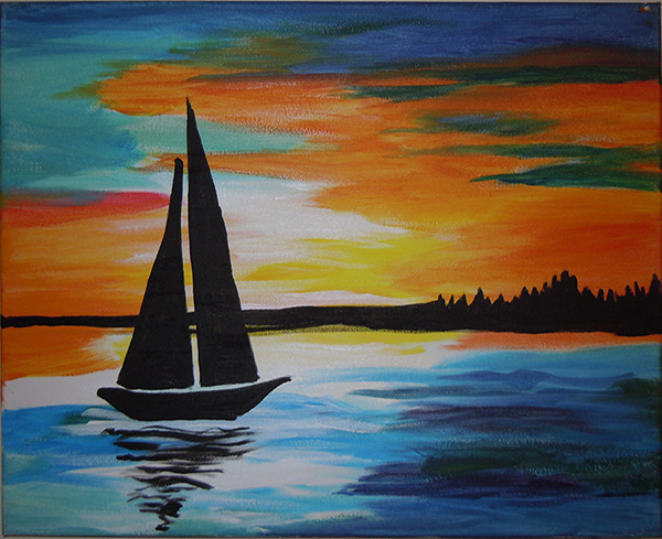 600x489 Sunset Sailboat - Sailboat Painting