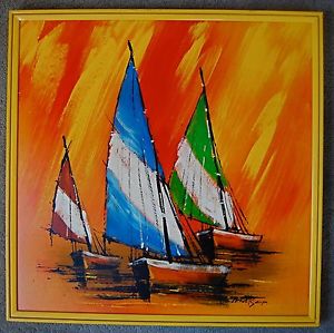 300x299 Sailboat Painting Mid Century Oil On Board Signed Matson 25x25 - Sailboat Painting Images
