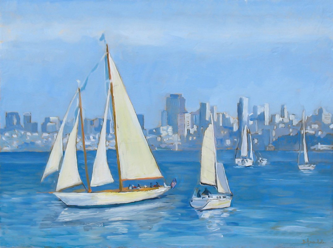 1077x800 Sail Boats In Sausalito, Oil Painting, Landscapes Painting - Sailboat Painting Images