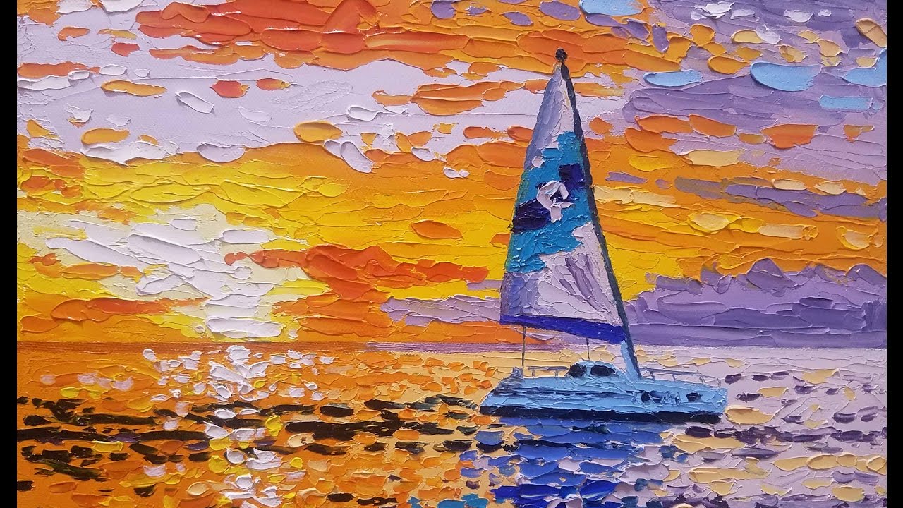 1280x720 Sailboat In Sunset Speed Painting Palette Knife Art By Ryan - Sailboat Painting Images