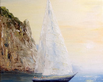340x270 Small Seascape Painting Canvas Oil Painting Original Boat - Sailboat Painting On Canvas