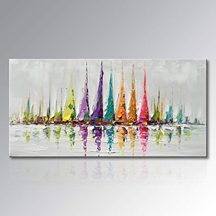 425x425 Winpeak Art Hand Painted Canvas Wall Art Colorful - Sailboat Painting On Canvas