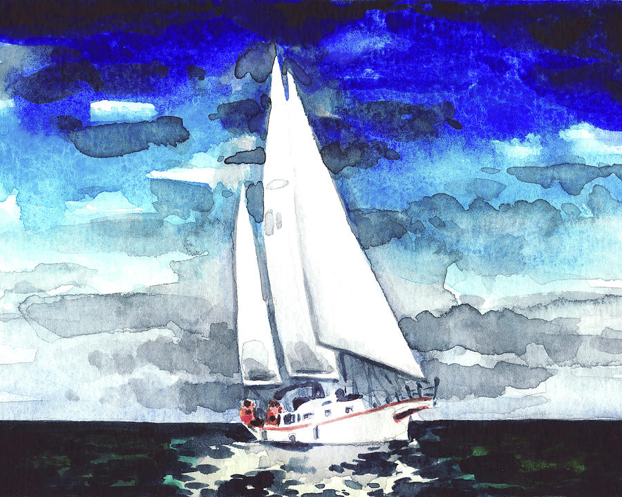 900x720 Sailboat White Watercolor Painting Windy Americana Yacht Sailing - Sailboat Painting Watercolor