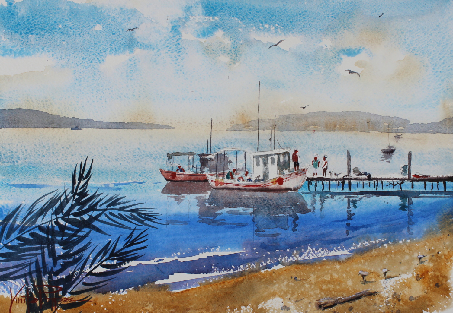 1500x1038 Docked Boats In Sunny Waters - Sailboat Painting Watercolor