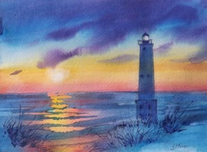 300x221 Janet Kindy Lighthouses - Sailboat Sunset Painting