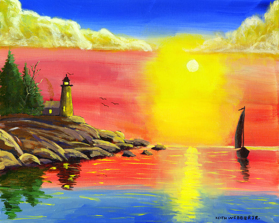 900x720 Lighthouse And Sailboat Painting At Sunset Painting By Keith Webber Jr - Sailboat Sunset Painting
