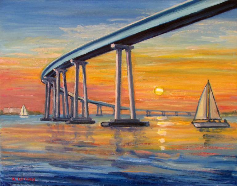 770x603 Saatchi Art Coronado Bridge And Sailboat - Sailboat Sunset Painting