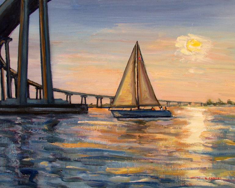 770x616 Saatchi Art Coronado Bridge With Sailboat Sunset Painting By - Sailboat Sunset Painting