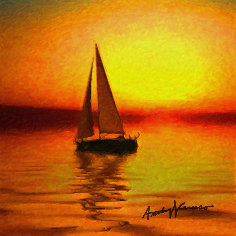 900x900 Sailing At Sunset Painting By Anthony Caruso - Sailboat Sunset Painting