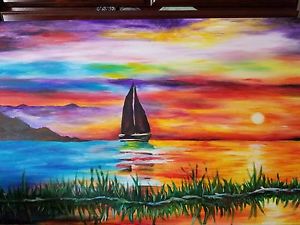 300x225 Acrylic Painting On 24x36 Canvas, Sailboat On Sunset Horizon Ebay - Sailboat Sunset Painting