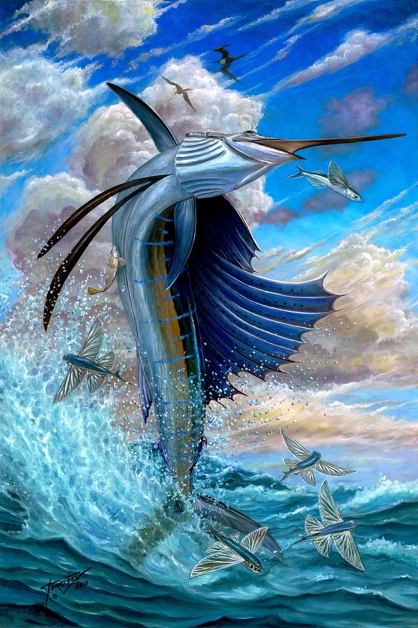 599x900 Sailfish And Flying Fish Painting By Terry Fox - Sailfish Painting