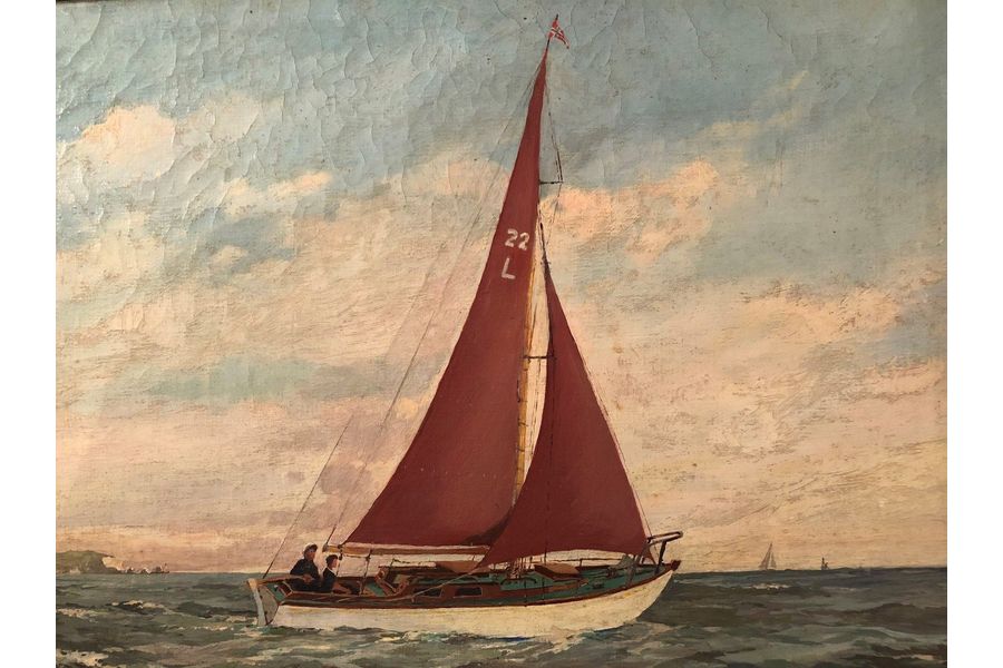900x600 Original Oil Painting On Canvas Circa 1950's Man Amp Boy In Sailing - Sailing Oil Painting