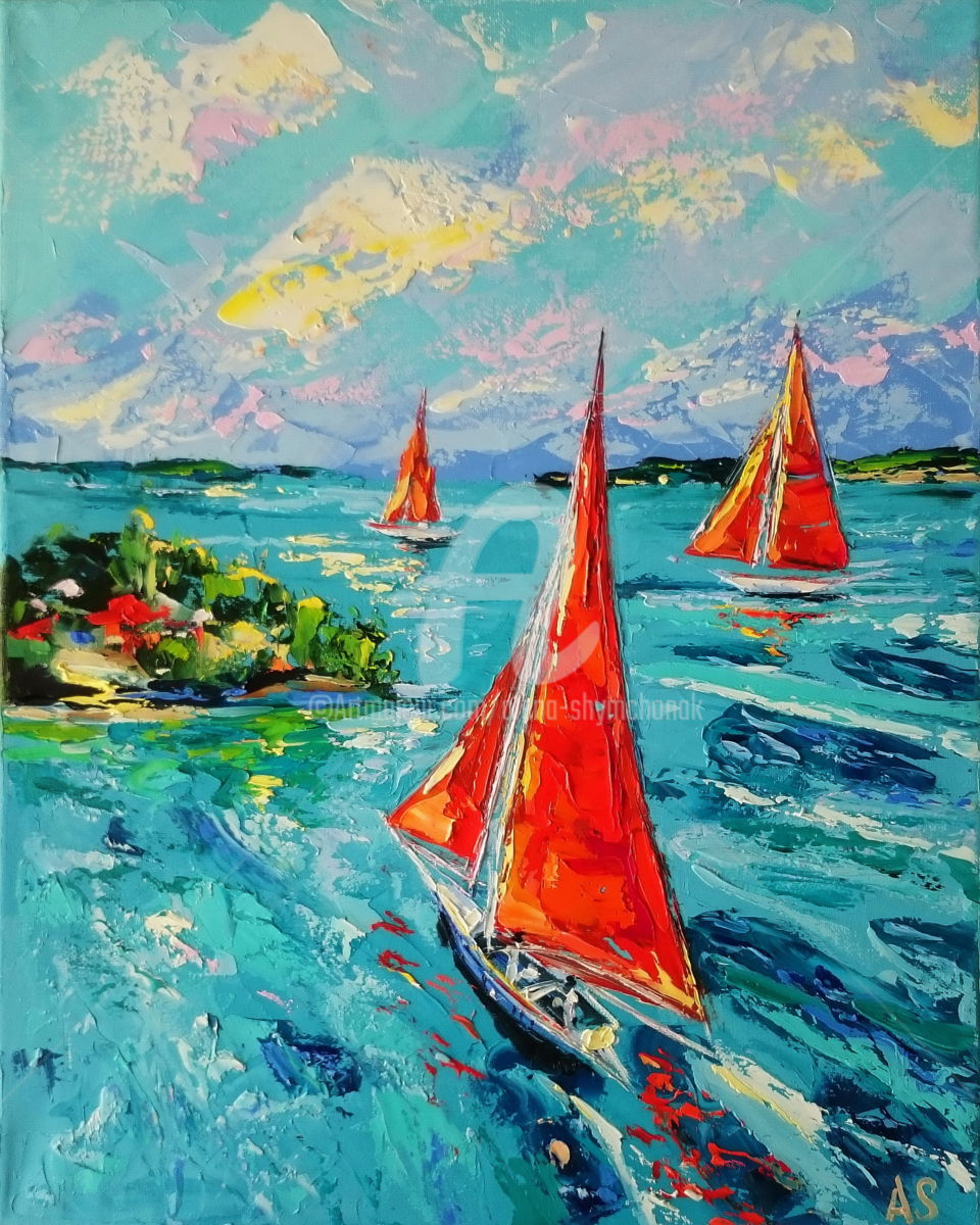 960x1200 Red Sailing Ships Original Seascape Oil Painting (Alena Shymchonak) - Sailing Oil Painting