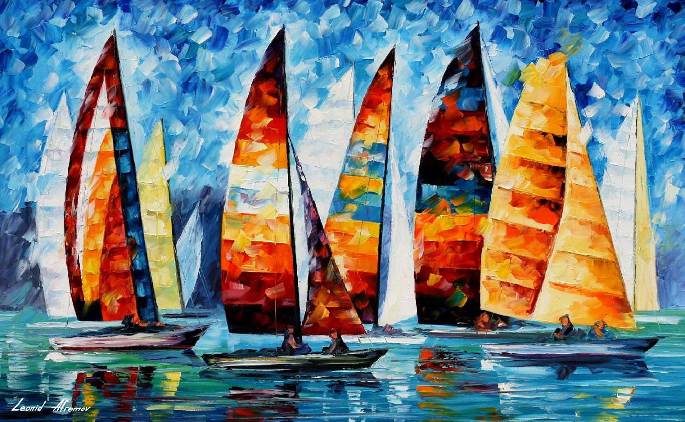 1376x848 Sail Regatta Palette Knife Oil Painting On Canvas By Leonid - Sailing Oil Painting