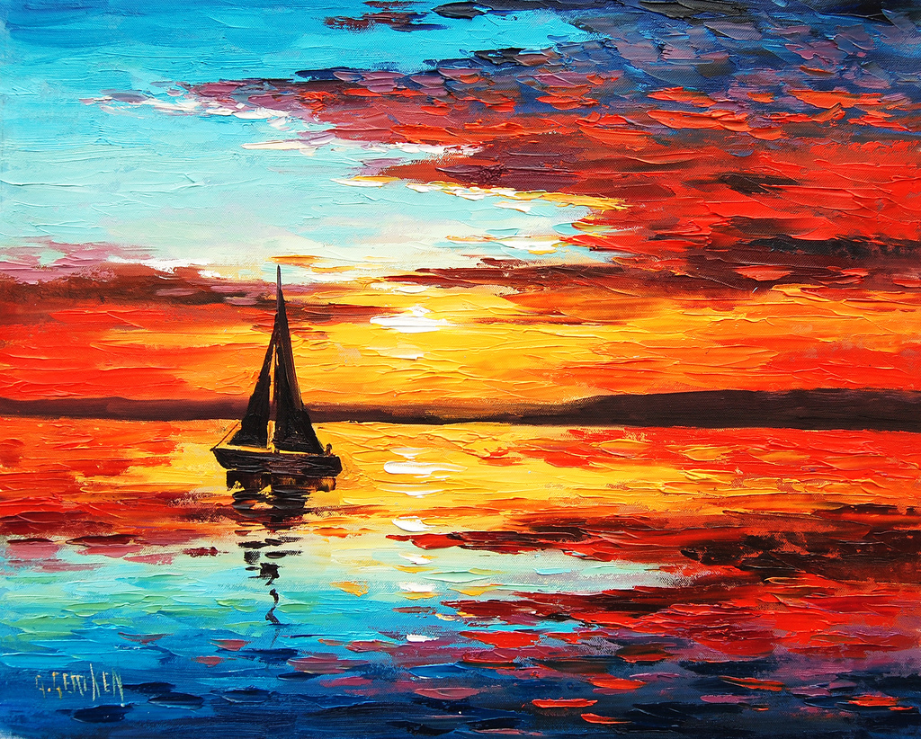 1024x822 Sunset Sail Boat Original Oil Painting From My Sky Amp - Sailing Oil Painting