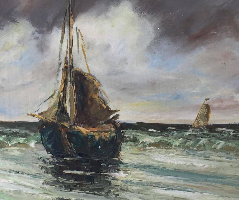 768x644 French Oil Painting On Board Of Sailing Ships By H. Kermao - Sailing Ship Oil Painting